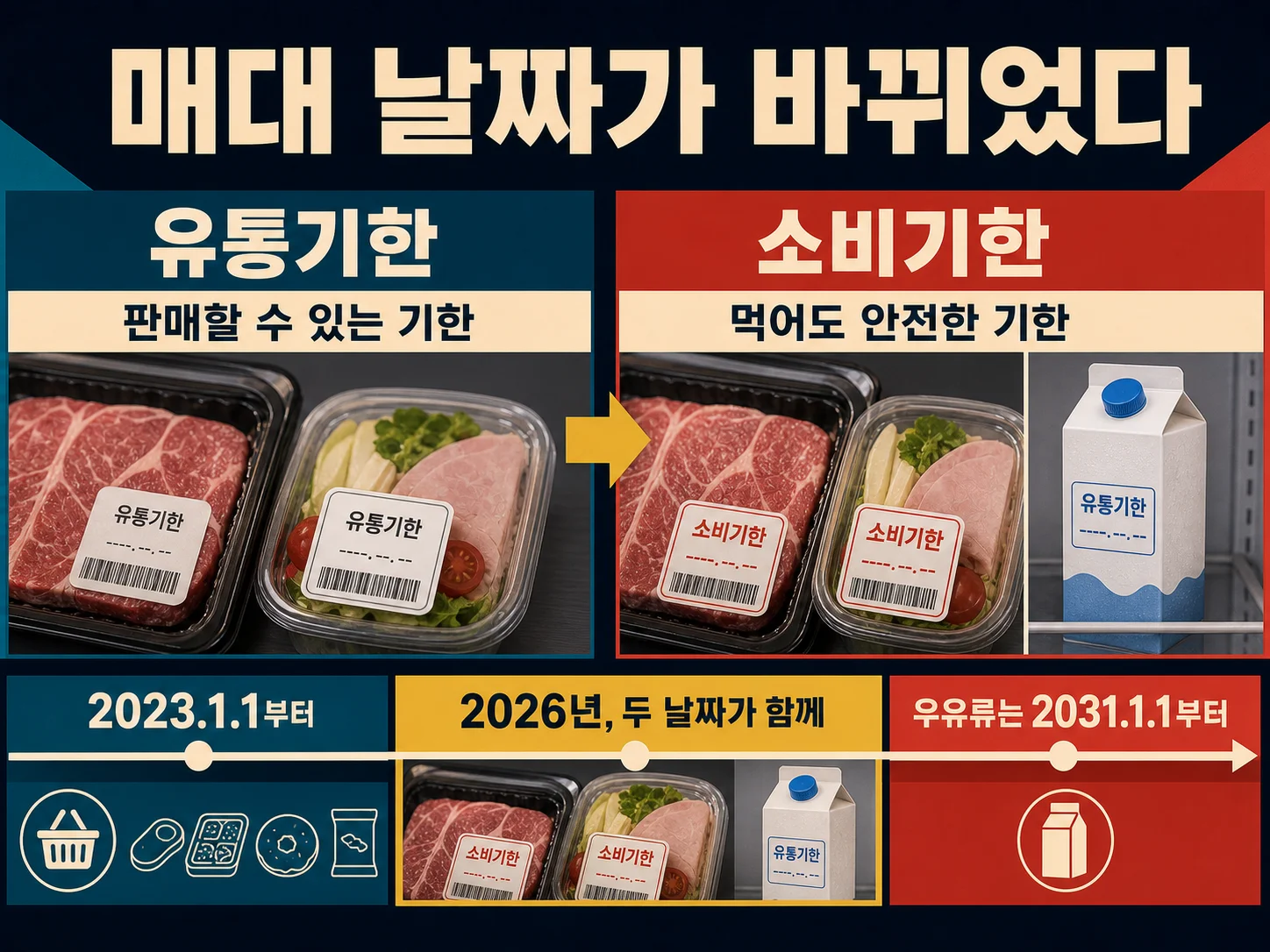 유통기한에서 소비기한으로 바뀐 식품 표시 날짜를 비교한 이미지