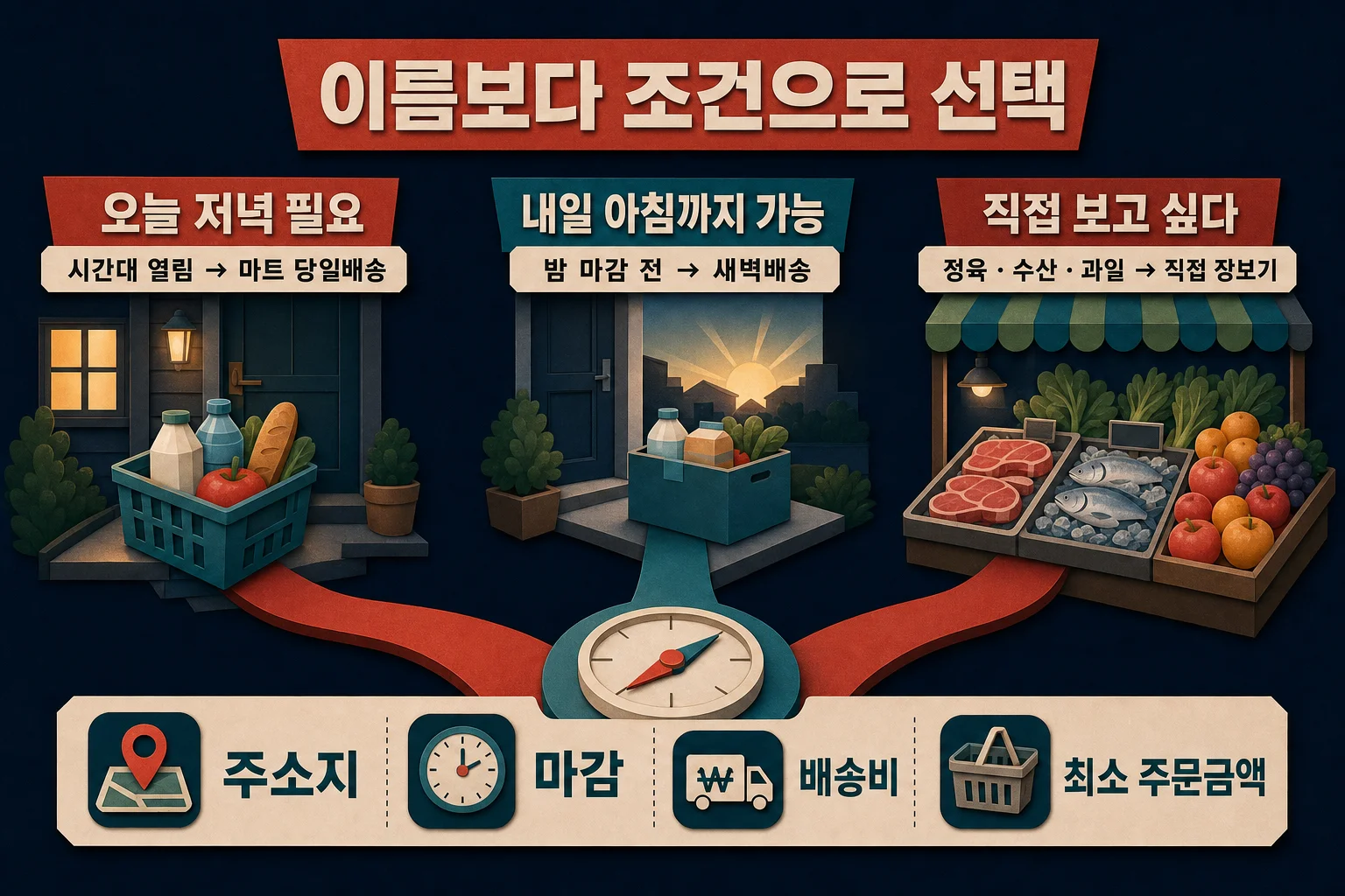 주소지와 마감 시각에 따른 마트 배송과 새벽배송 선택 기준