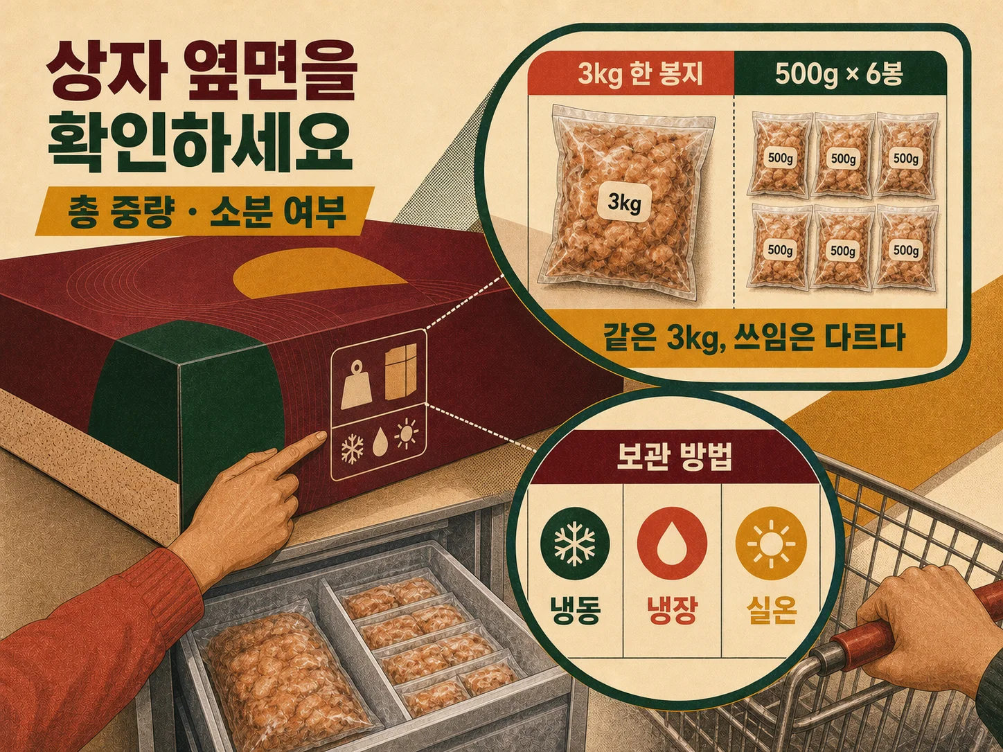 추석 선물세트 상자의 총중량과 보관방법 표시를 확인하는 모습