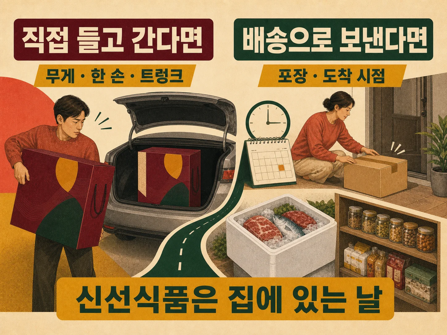 추석 선물세트를 직접 들고 갈지 배송으로 보낼지 비교하는 장면