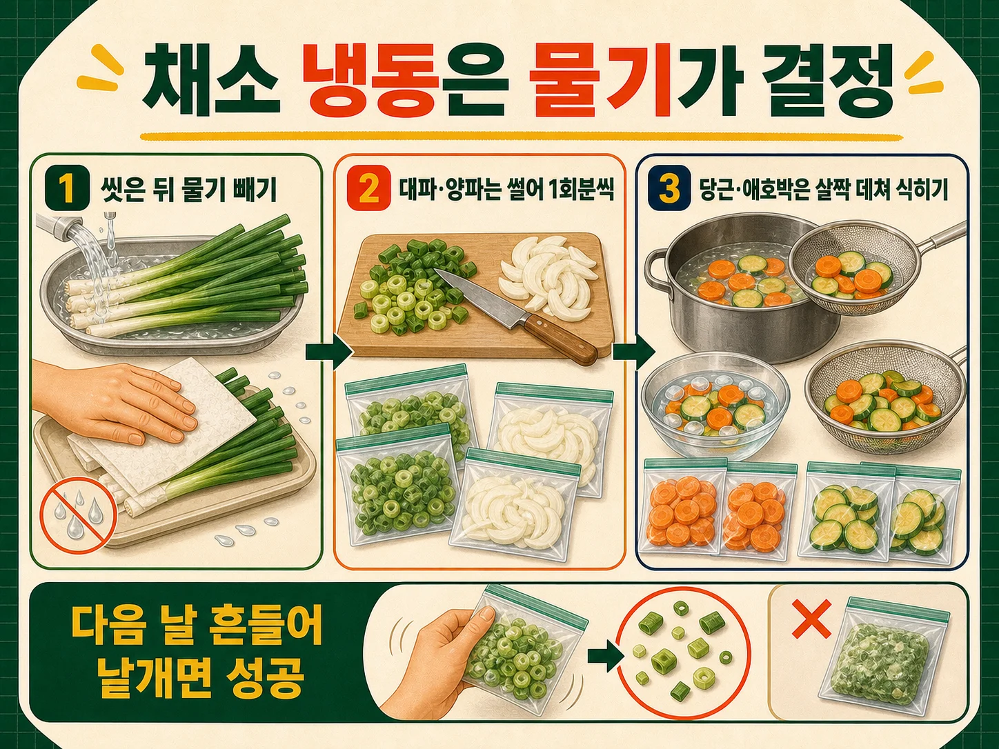 씻고 물기를 뺀 채소를 1회분씩 나눠 냉동 보관하는 모습