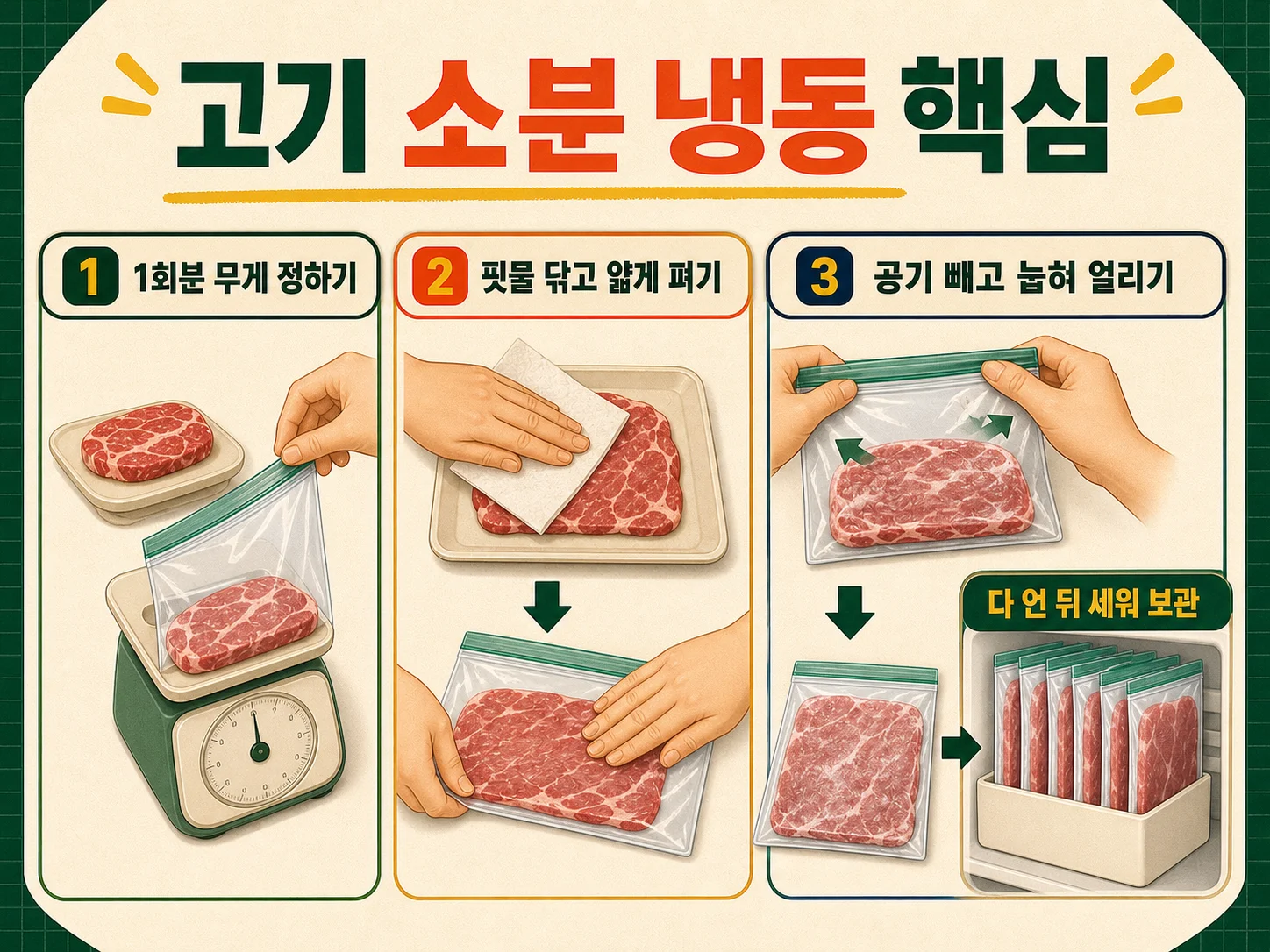 고기를 1회분씩 지퍼백에 평평하게 펴서 소분 냉동하는 과정