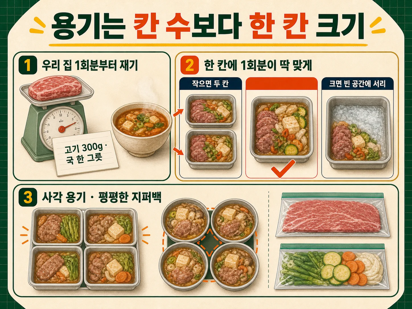 1회분 크기에 맞춘 사각 소분 용기와 지퍼백 정리 모습