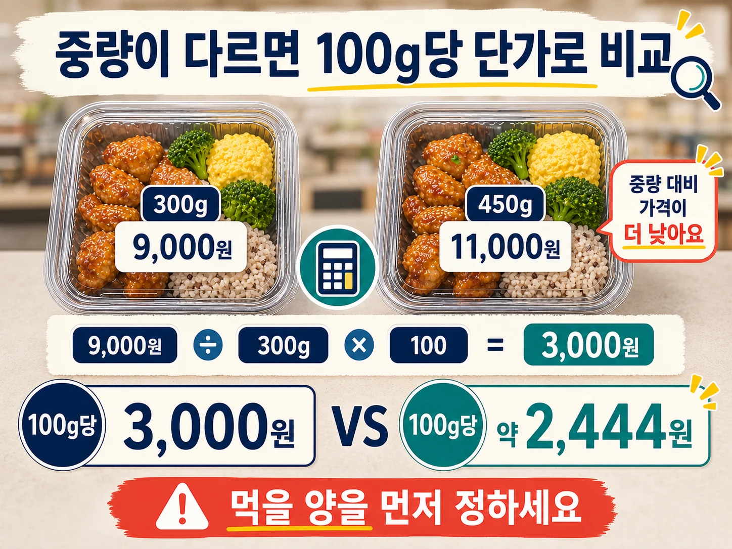 델리 식품의 중량과 가격을 비교해 100g당 단가를 계산하는 방법
