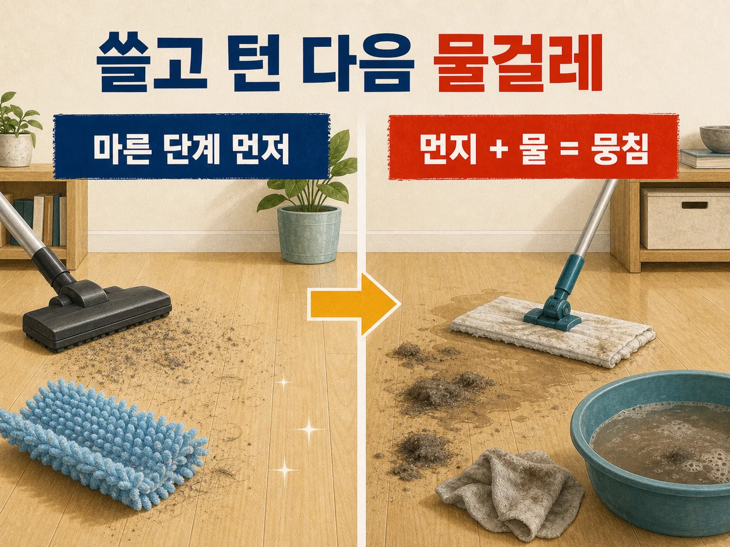 마른 청소 단계와 물걸레질 단계를 구분한 청소 순서