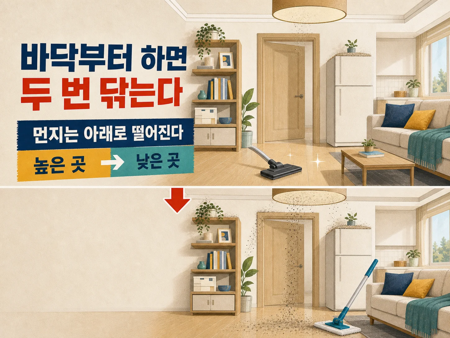 먼지가 높은 곳에서 낮은 곳으로 떨어지는 대청소 순서 원리