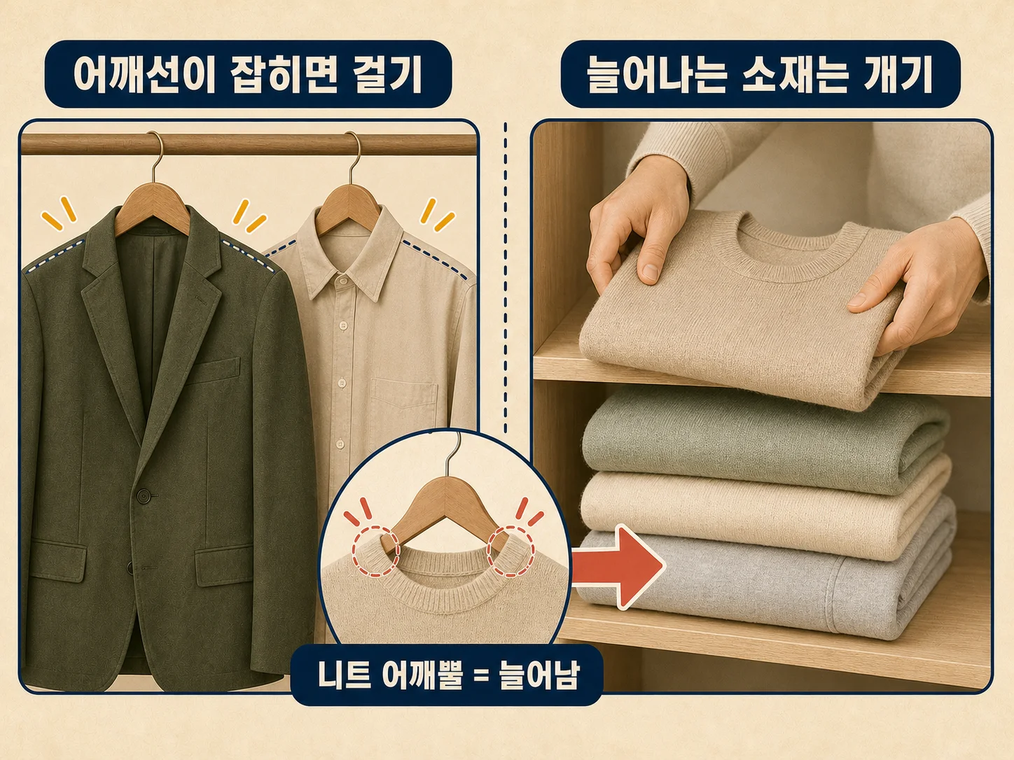 옷장 정리에서 어깨선과 소재에 따라 걸 옷과 갤 옷을 구분하는 모습