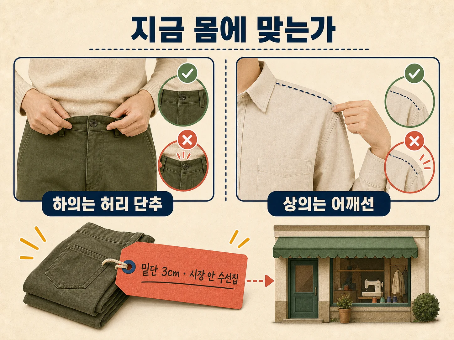 옷장 정리 기준에 따라 옷이 몸에 맞는지 확인하는 모습