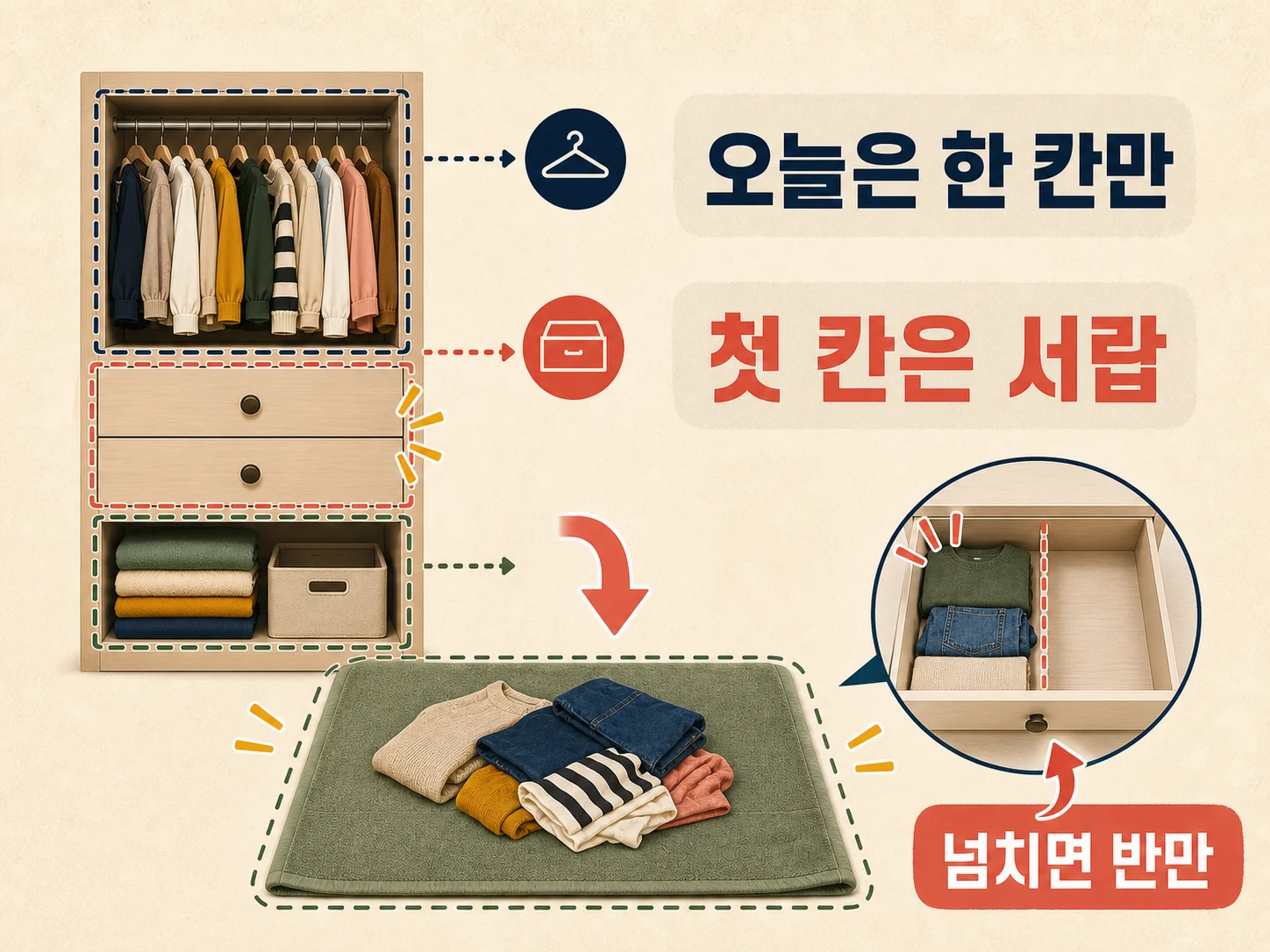 옷장 정리를 위해 서랍 한 칸을 고르고 수건 위에 옷을 꺼내 놓은 모습