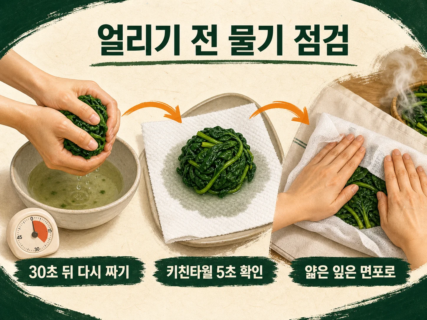 데친 나물 물기 짜는 방법으로 냉동 전 수분을 제거하는 모습