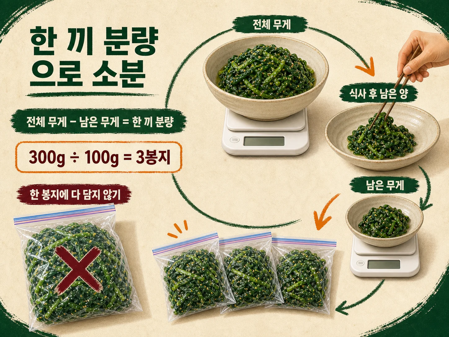 볶은 나물과 무친 나물을 구분해 냉동 보관하는 모습