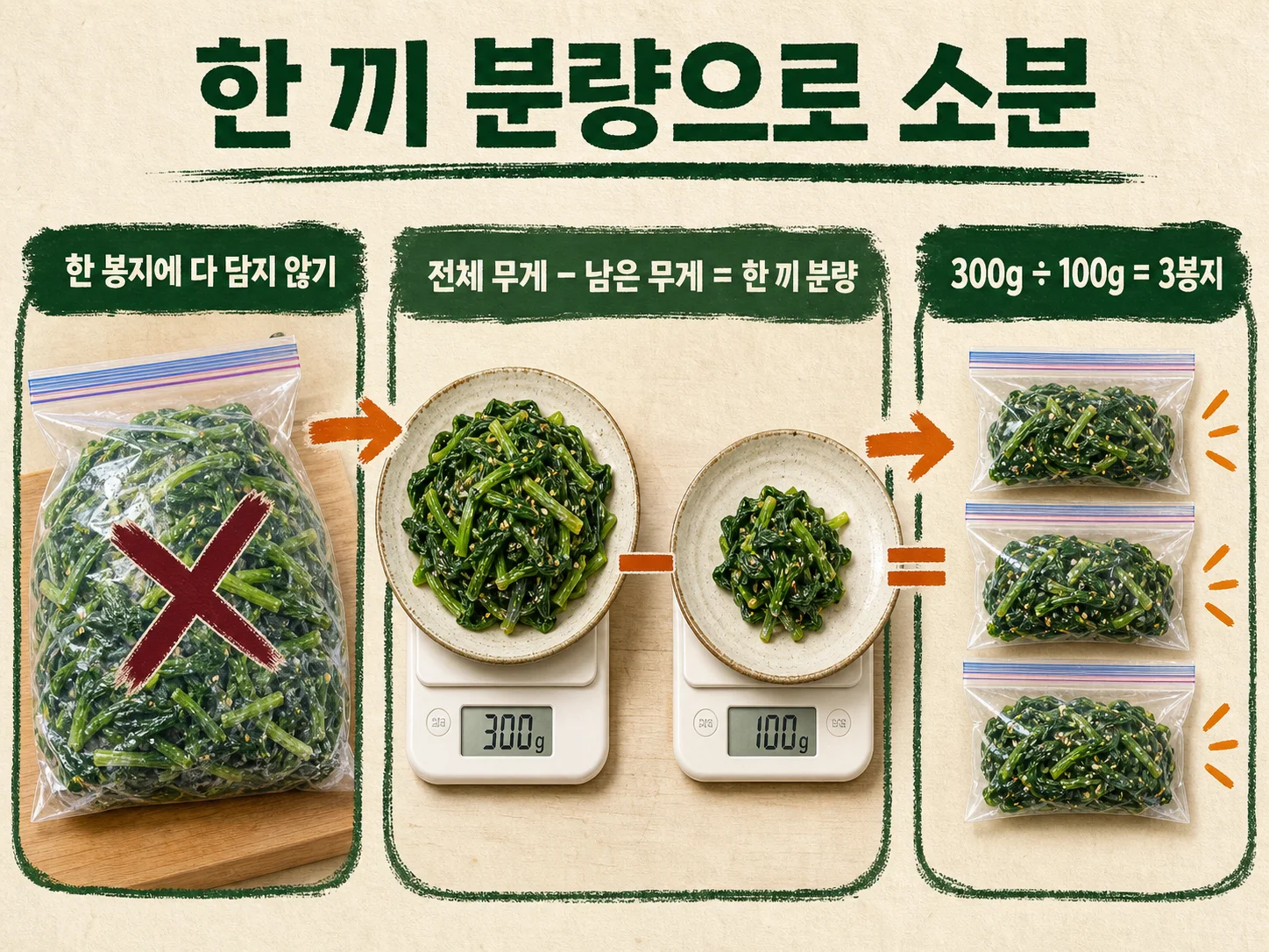나물 소분 양을 저울로 재어 한 끼 분량씩 냉동 준비하는 모습