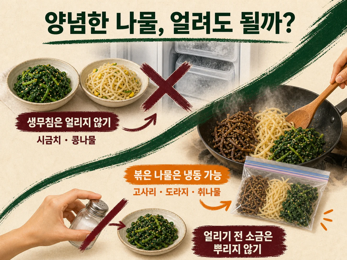 냉동 나물을 냉장 해동으로 천천히 녹이는 모습