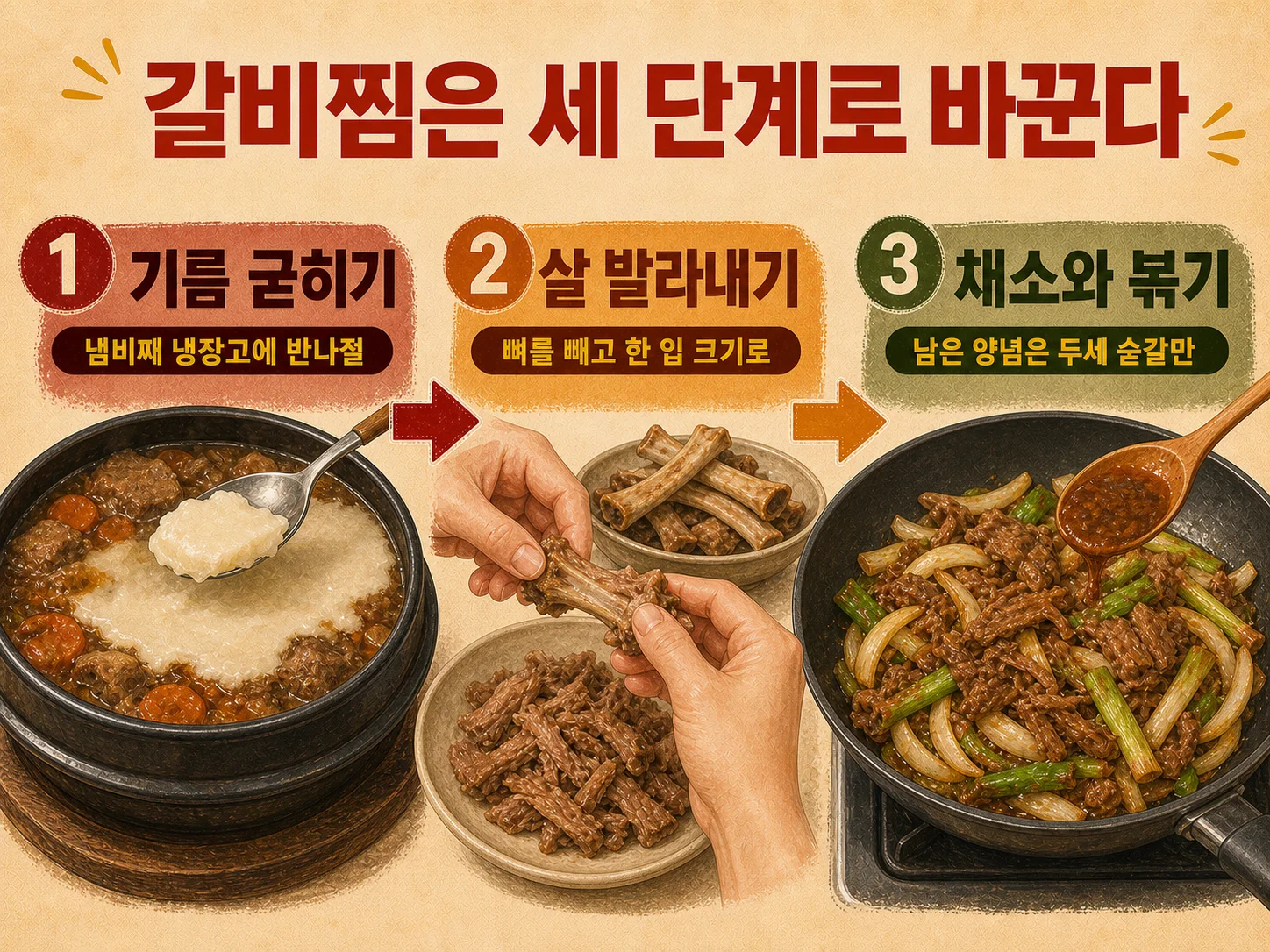 갈비찜 기름 제거 후 볶음으로 재탄생하는 과정