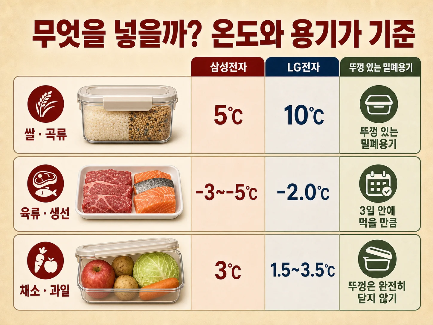 김치냉장고 칸에 넣어도 되는 쌀 육류 채소 보관 예시
