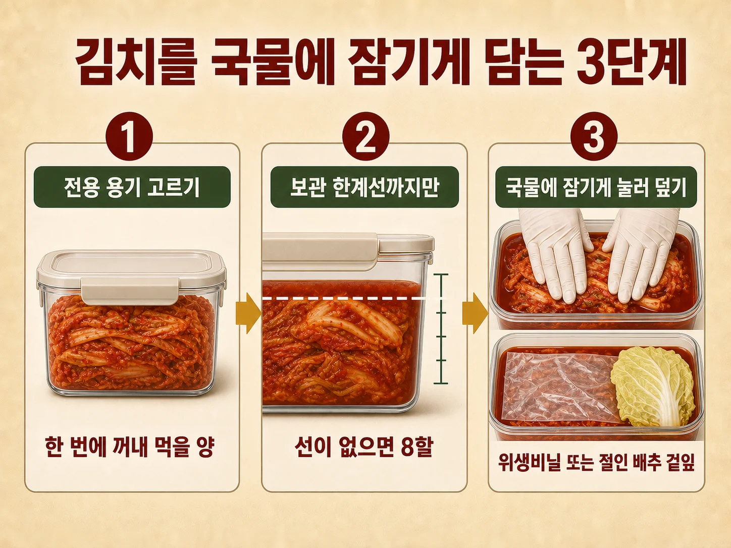 김치를 국물에 잠기게 눌러 담는 김치통 보관 단계