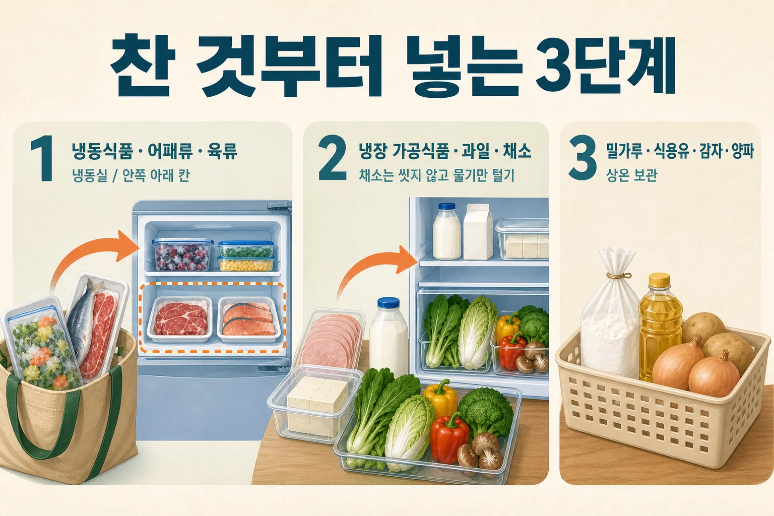 장 봐온 식품을 냉장고에 넣는 순서 정리