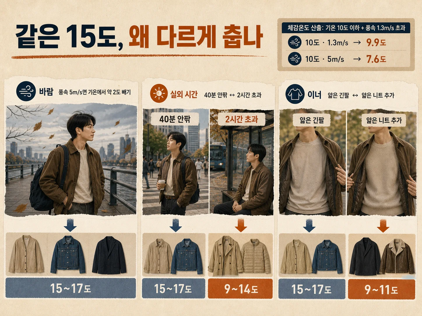 체감온도에 영향을 주는 풍속과 이너 겹쳐입기 요소
