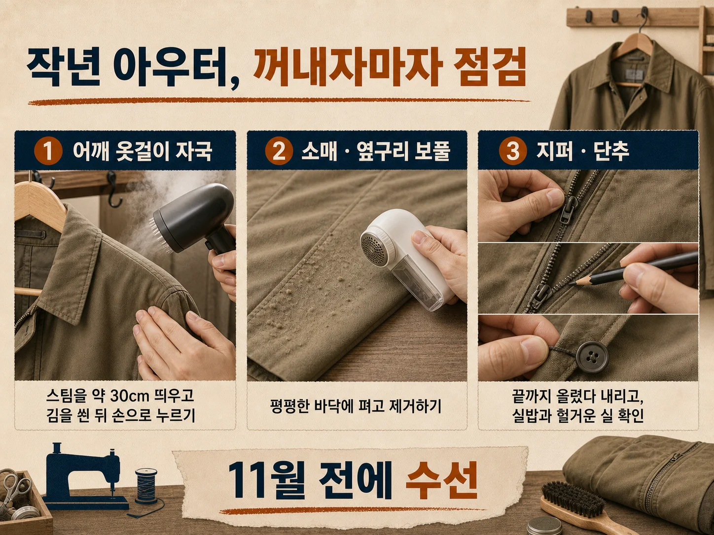 작년에 입던 아우터의 어깨 자국과 보풀을 점검하는 관리 모습