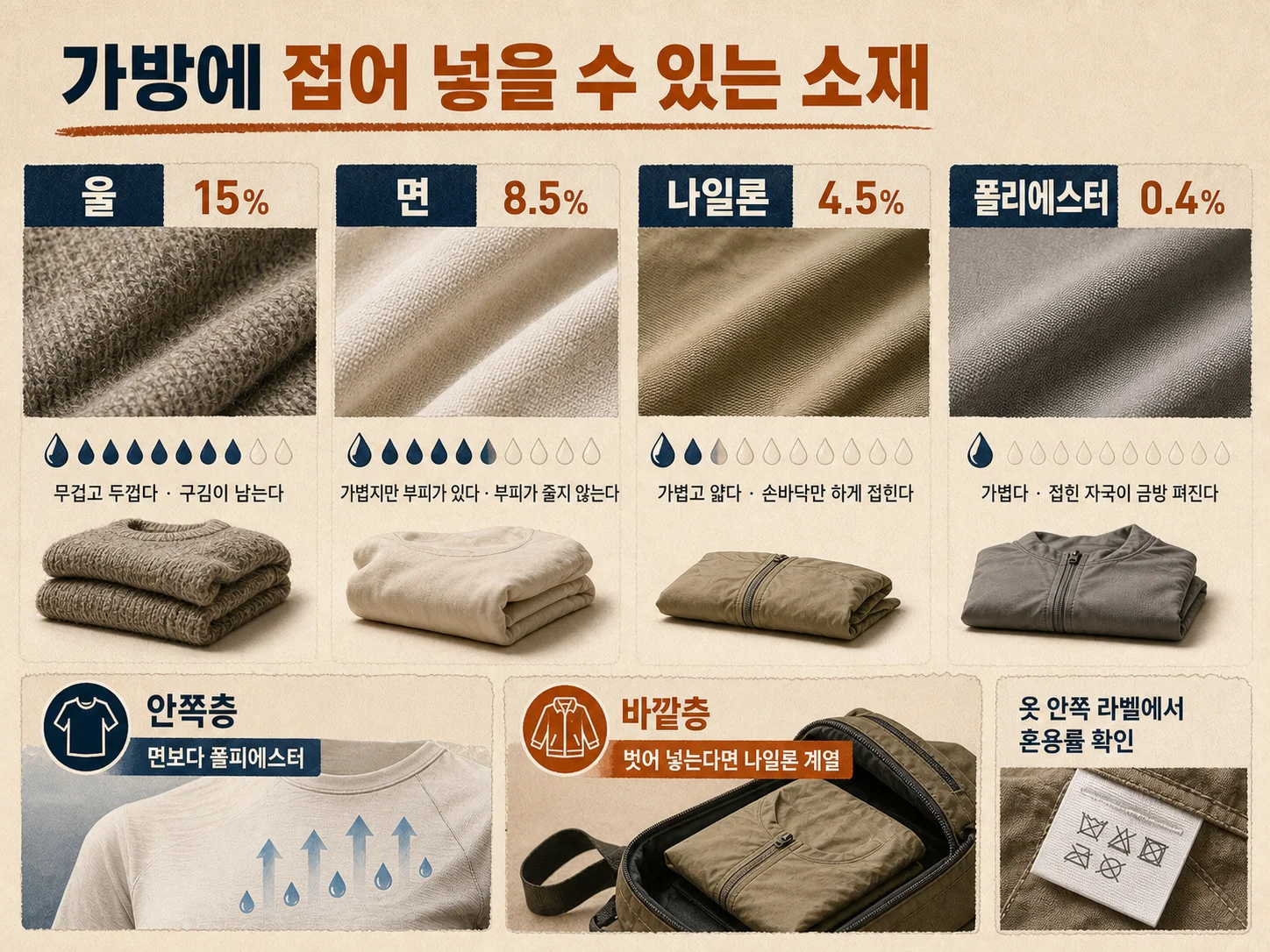 울 면 나일론 폴리에스터 소재별 수분 함유율과 아우터 특성 비교